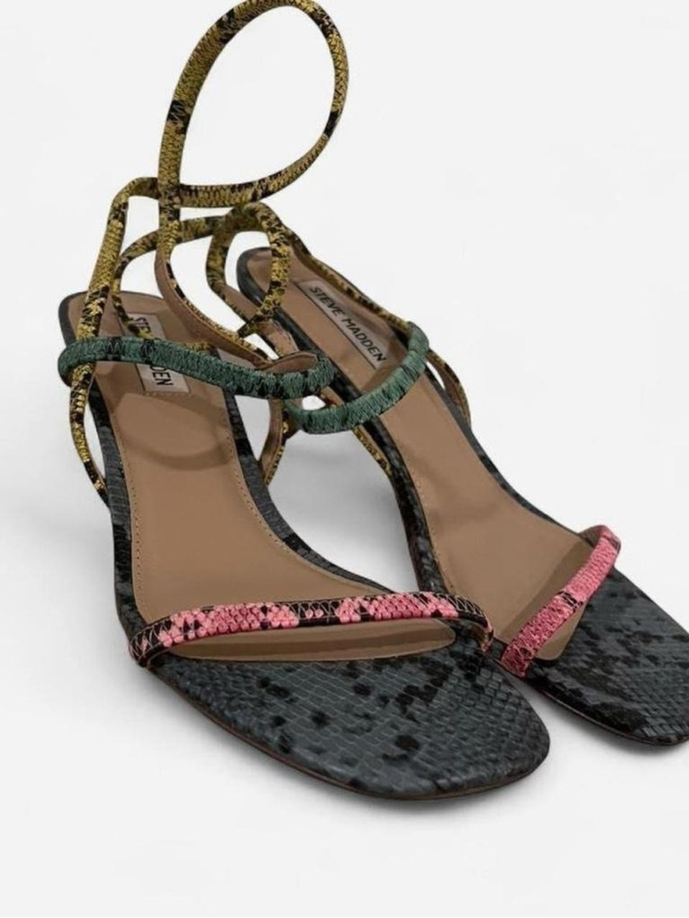 Steve Madden Multicolor Snake-Print Strappy Sandals - Pink, Green, Yellow